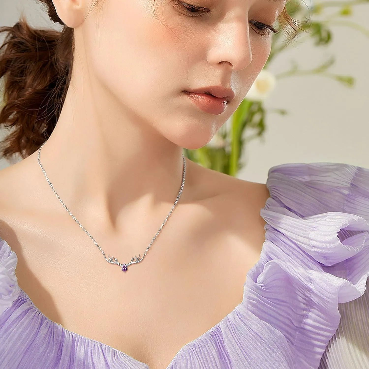 SILVERCUTE Sterling Silver Birthstone Necklaces for Women, Xmas Antler Deer Pendant Necklace with Colorful Cubic Zirconia,16-18 inches