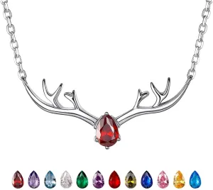 SILVERCUTE Sterling Silver Birthstone Necklaces for Women, Xmas Antler Deer Pendant Necklace with Colorful Cubic Zirconia,16-18 inches