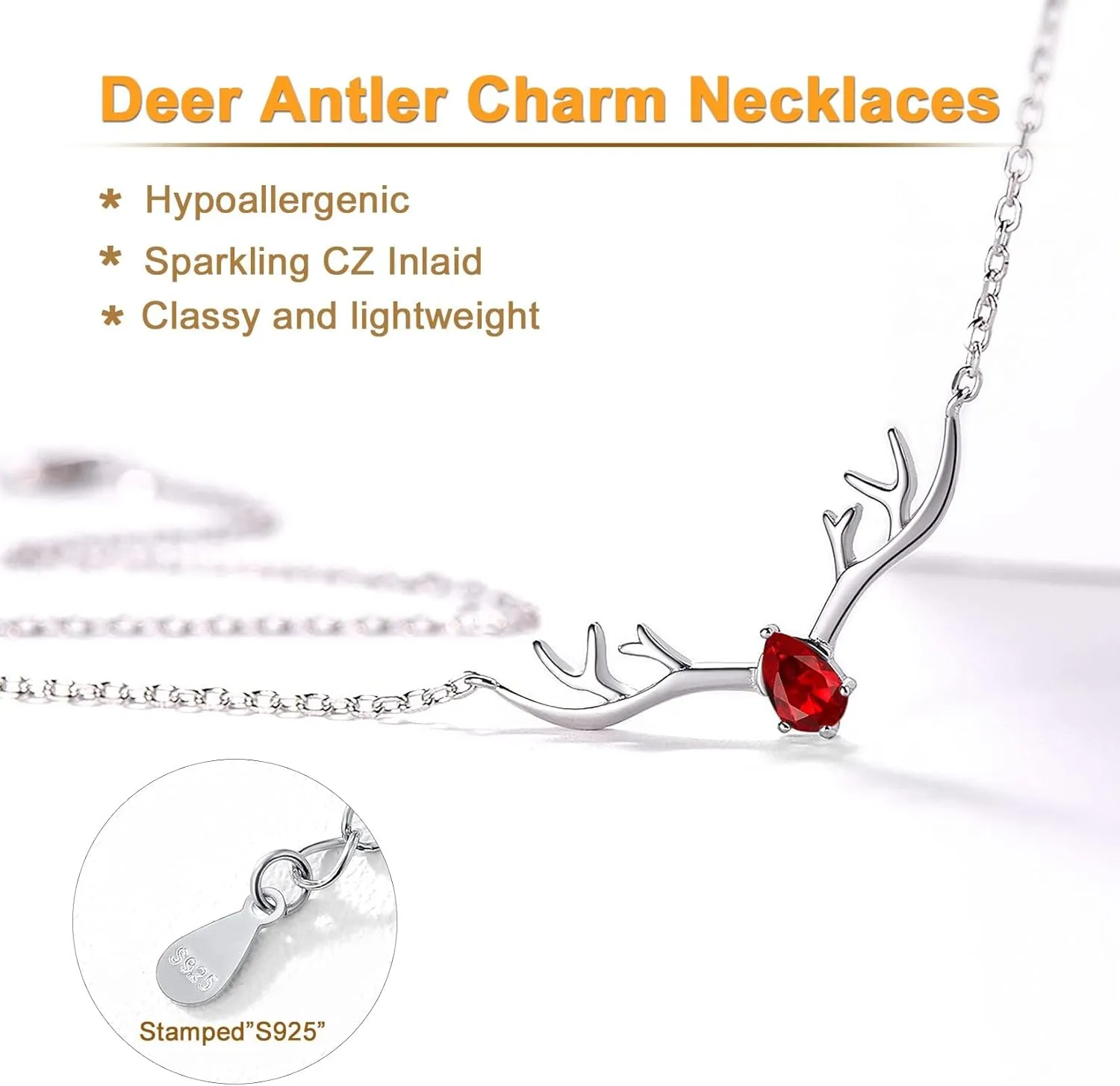 SILVERCUTE Sterling Silver Birthstone Necklaces for Women, Xmas Antler Deer Pendant Necklace with Colorful Cubic Zirconia,16-18 inches