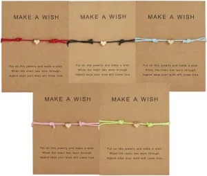Simple Adjustable Braided Heart Shaped Bracelet with Wish Cards Star Wrap Wristband Bangle for Women Friendship Jewelry 5Pcs/Pack