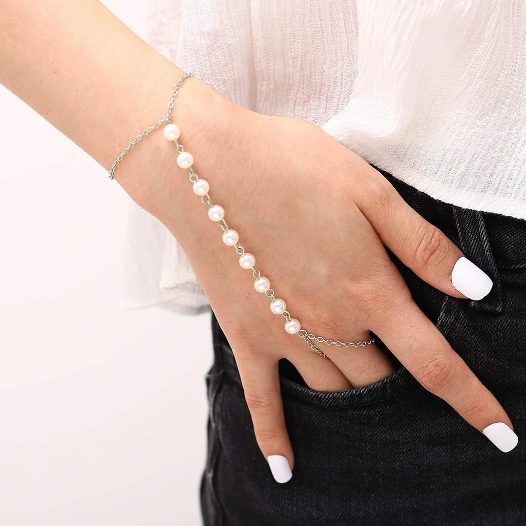 Simple Hand Chain Bracelet Pearl Finger Ring Bracelets Beaded Link Chain Bracelet for Women