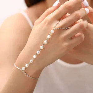 Simple Hand Chain Bracelet Pearl Finger Ring Bracelets Beaded Link Chain Bracelet for Women