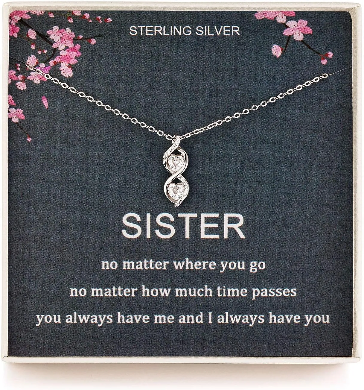 Sister Gifts from Sister, Sterling Silver Infinite Two Interlocking Infinity Double Hearts Necklace, Birthday Jewelry Gift Necklaces for Sisters, No Matter