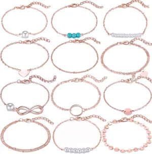 Softones 12pcs Simple Silver Gold Bracelets for Women Cute Pearl Bracelet Tiny Charm Dainty Handmade Bracelet Set Adjustable