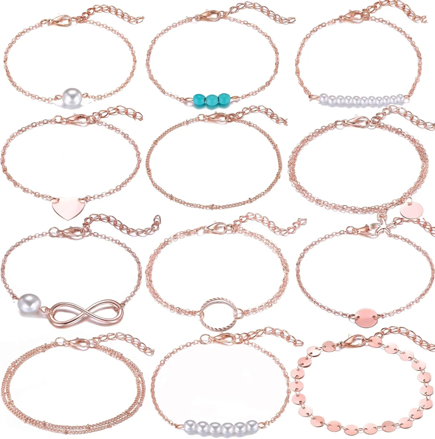Softones 12pcs Simple Silver Gold Bracelets for Women Cute Pearl Bracelet Tiny Charm Dainty Handmade Bracelet Set Adjustable