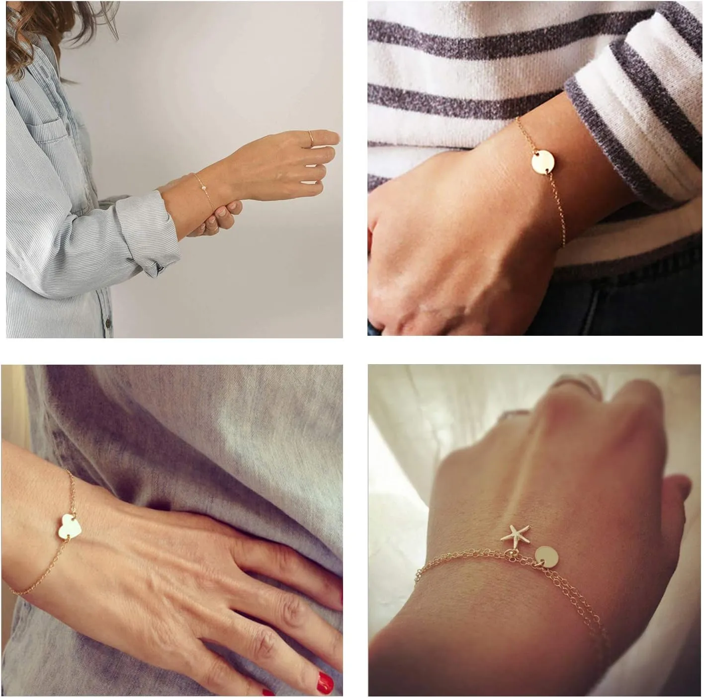 Softones 12pcs Simple Silver Gold Bracelets for Women Cute Pearl Bracelet Tiny Charm Dainty Handmade Bracelet Set Adjustable
