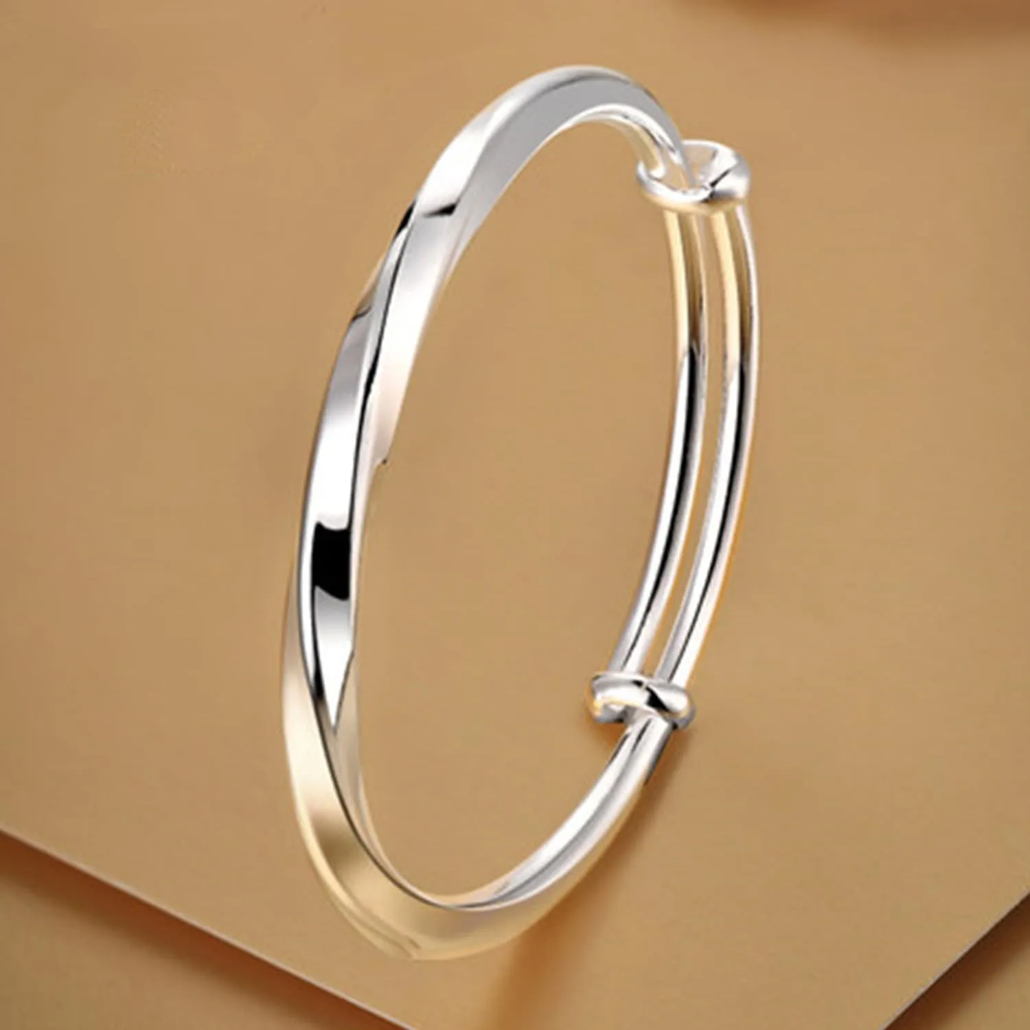 Solid 925 Sterling Silver Bracelets for Women Simple Adjustable Bangle Bracelet