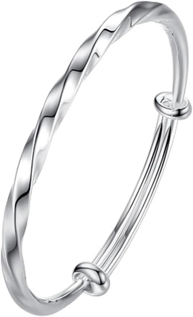 Solid 925 Sterling Silver Bracelets for Women Simple Adjustable Bangle Bracelet