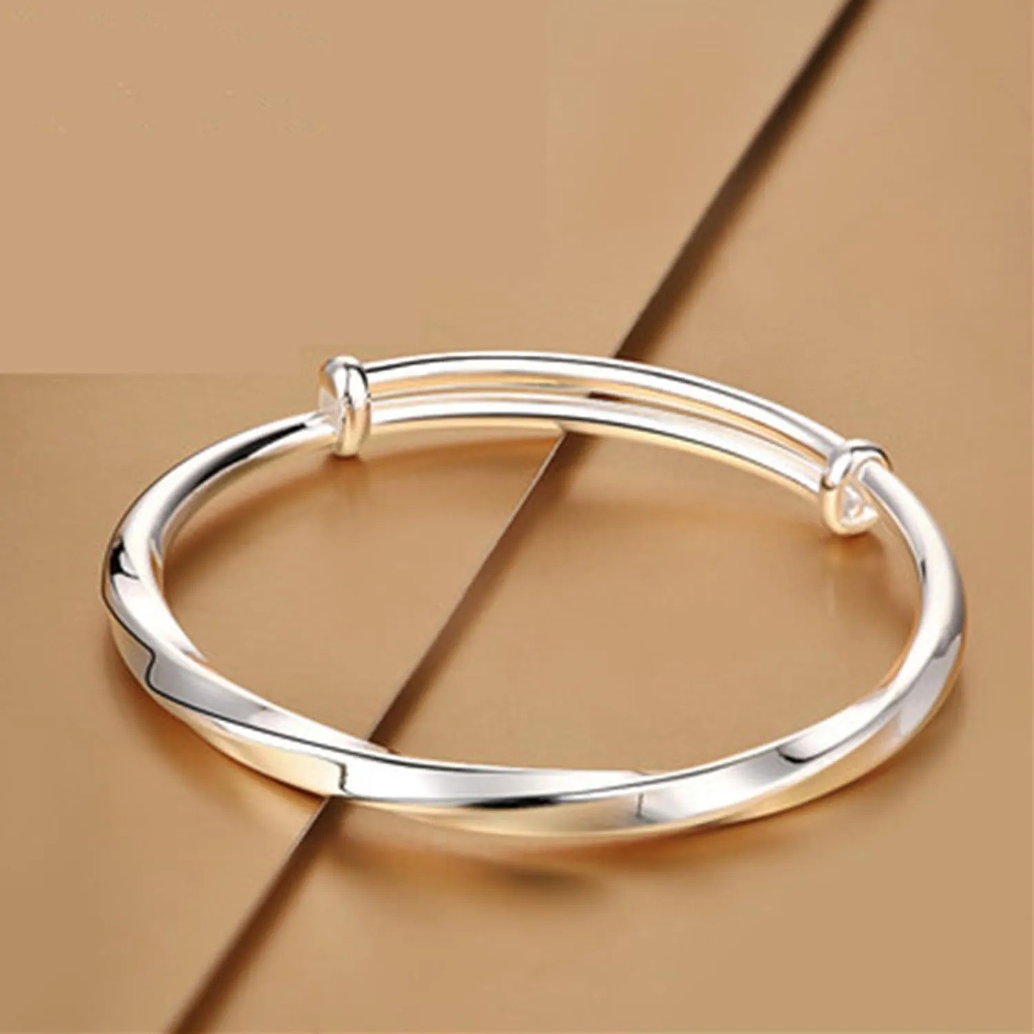 Solid 925 Sterling Silver Bracelets for Women Simple Adjustable Bangle Bracelet