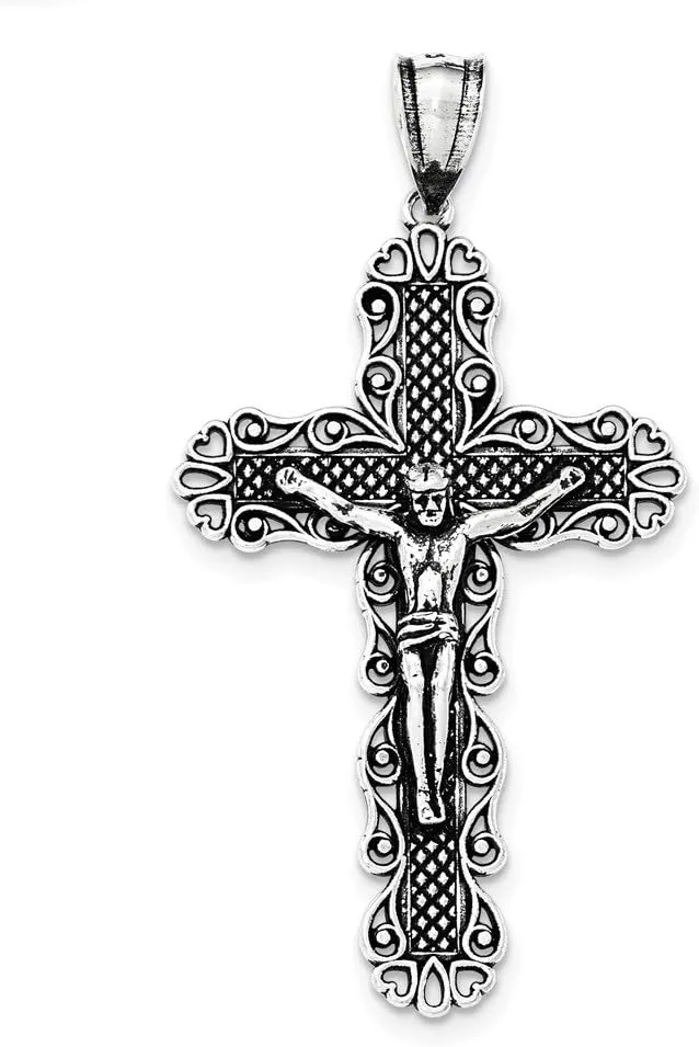 Solid 925 Sterling Silver Vintage Antiqued and Textured Large Flower Floral Cross Jesus Pendant Charm