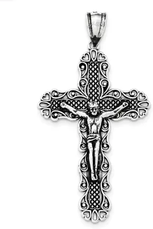 Solid 925 Sterling Silver Vintage Antiqued and Textured Large Flower Floral Cross Jesus Pendant Charm