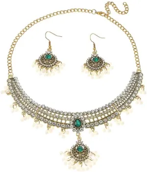 Sparkling Oxidized Indian Style Pendant Necklace With Crystal Cubic Zirconia Faux Pearl Beaded Dangle Drop Fake Huggie Hook Hoop Earrings Chain Adjustable Choker Necklaces Boho Wedding Jewelry Set for