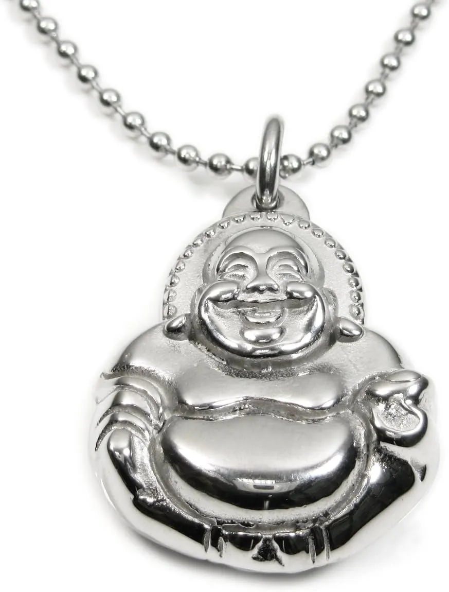 Stainless Steel Big Belly Laughing Buddha Pendant Necklace 33mm