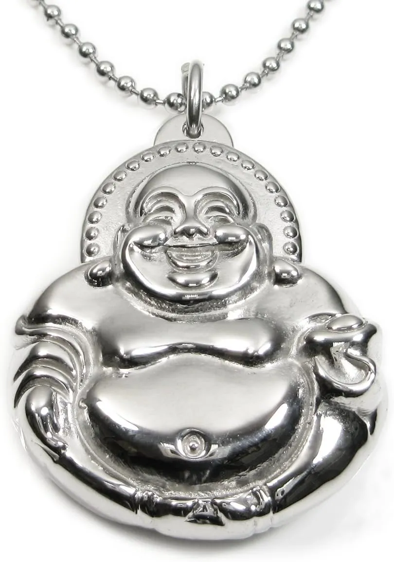 Stainless Steel Big Belly Laughing Buddha Pendant Necklace 40mm