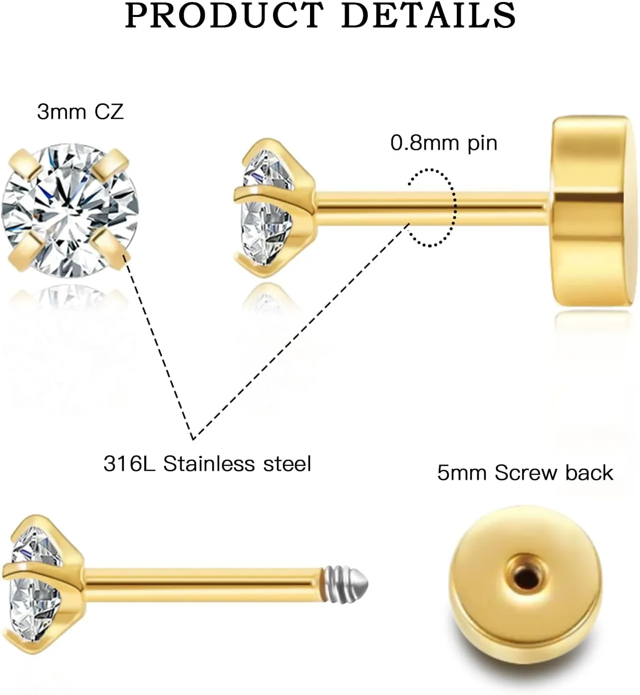 Stainless Steel Stud Earrings Set Hypoallergenic Cubic Zirconia 14K Silver CZ Earrings Real Gold Plated Lightweight Everyday Jewelry for Women