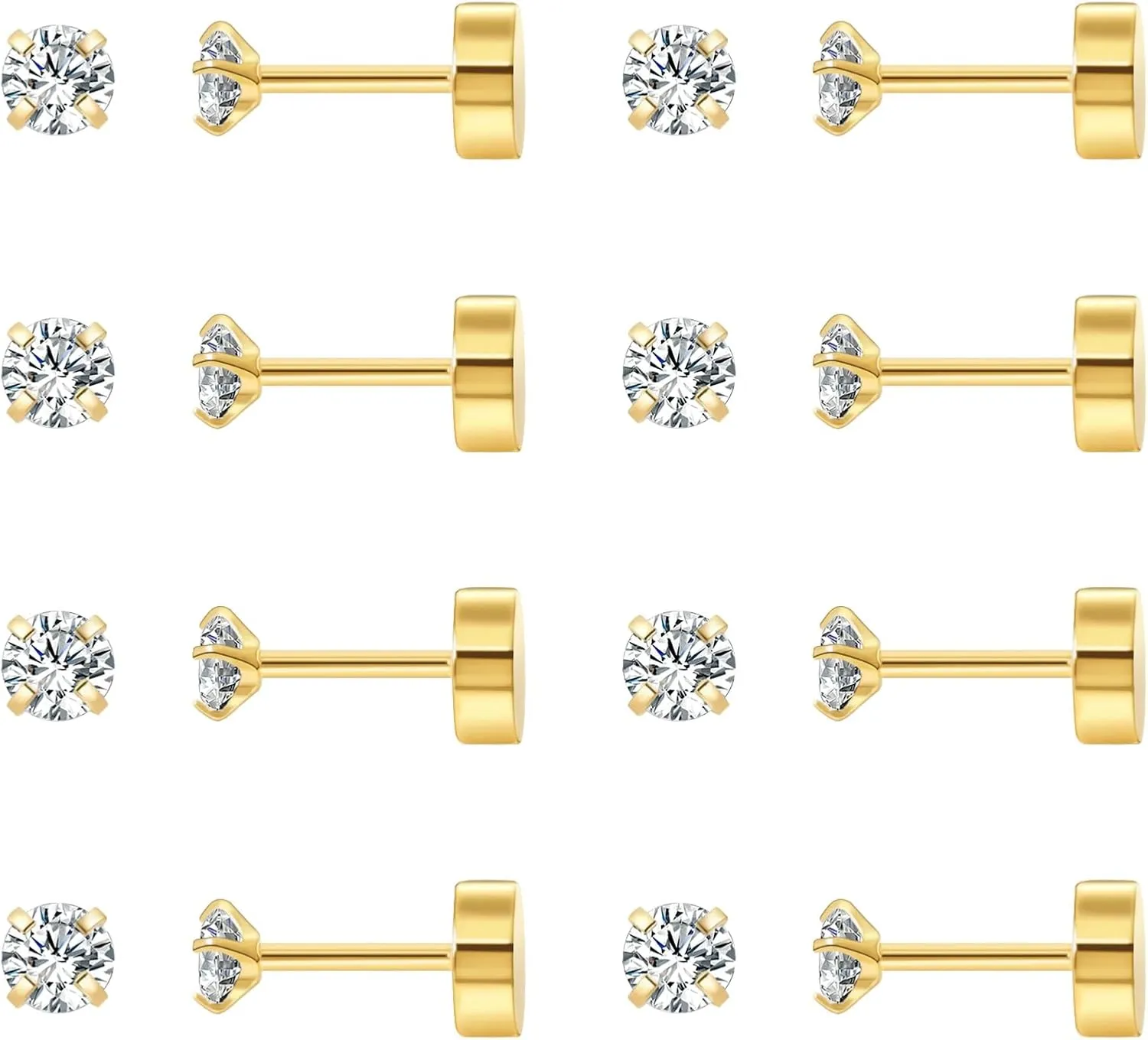 Stainless Steel Stud Earrings Set Hypoallergenic Cubic Zirconia 14K Silver CZ Earrings Real Gold Plated Lightweight Everyday Jewelry for Women
