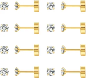 Stainless Steel Stud Earrings Set Hypoallergenic Cubic Zirconia 14K Silver CZ Earrings Real Gold Plated Lightweight Everyday Jewelry for Women
