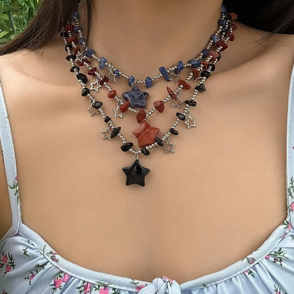 Star Charms Pendant Choker Y2K Healing Crystal Necklace Summer Jewelry with Silver Chains for Women