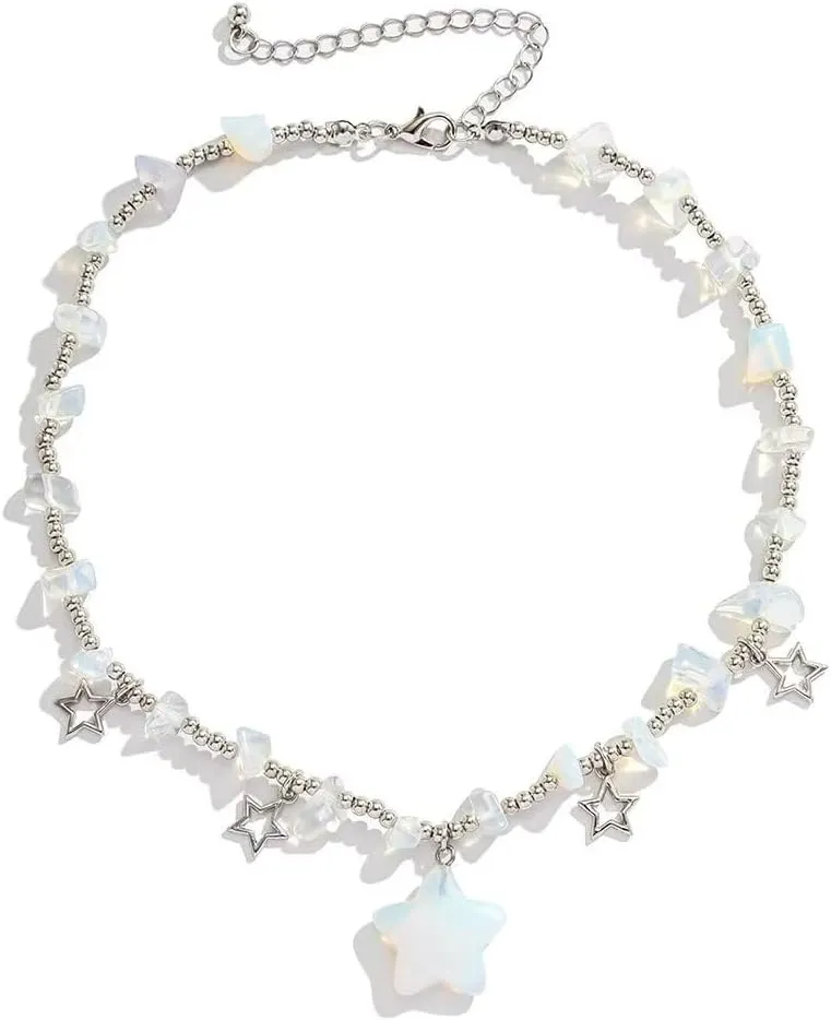 Star Charms Pendant Choker Y2K Healing Crystal Necklace Summer Jewelry with Silver Chains for Women
