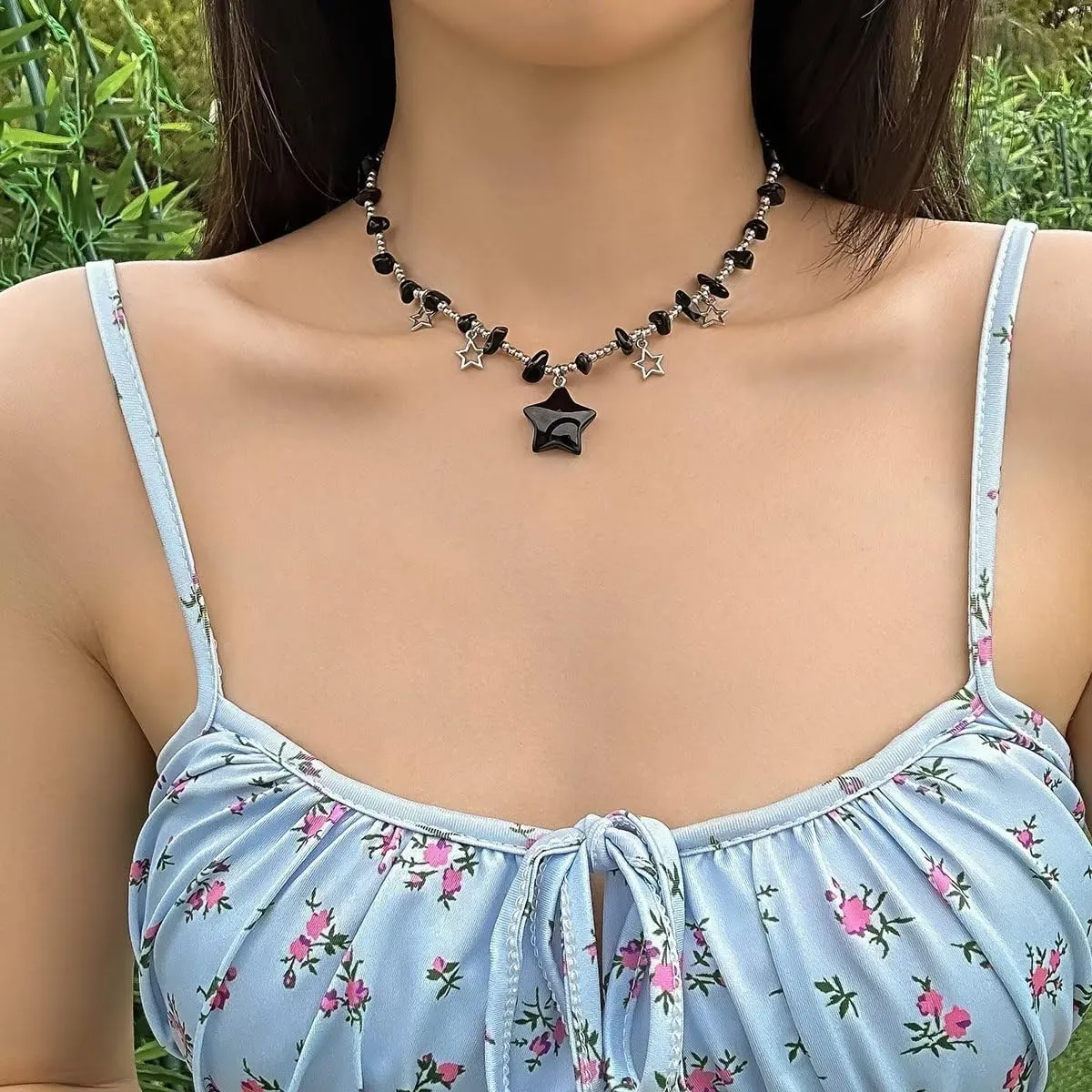Star Charms Pendant Choker Y2K Healing Crystal Necklace Summer Jewelry with Silver Chains for Women