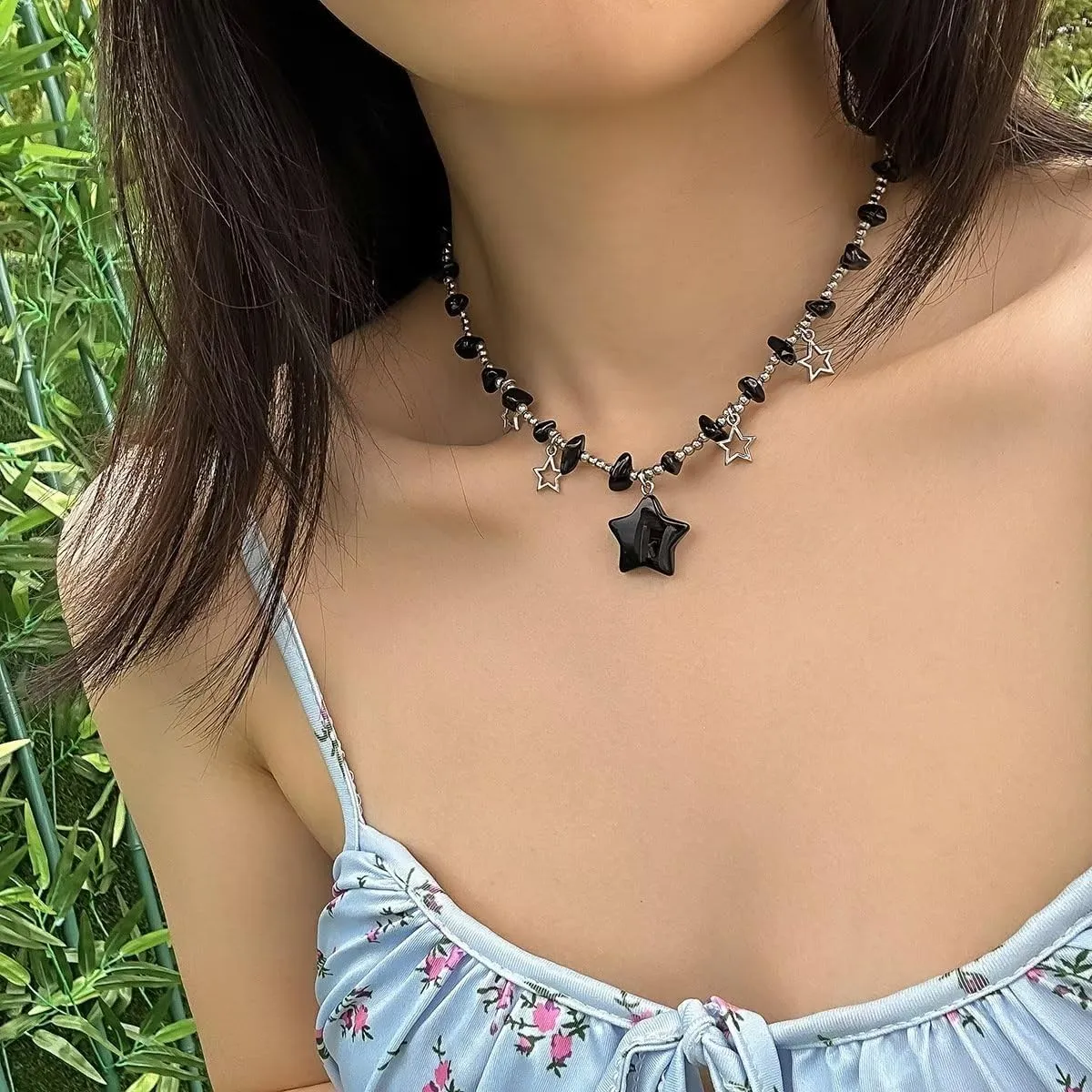 Star Charms Pendant Choker Y2K Healing Crystal Necklace Summer Jewelry with Silver Chains for Women