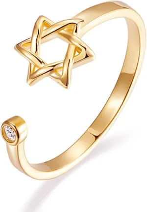 Star of David Zircon Ring for Women, Simple Magen David Wiccan Amulet, Hexagram Adjustable Rings Jewish Jewelry
