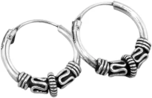 Sterling Silver 12mm Ribbed Bead Bali Style Hollow Tube Hoop Earrings