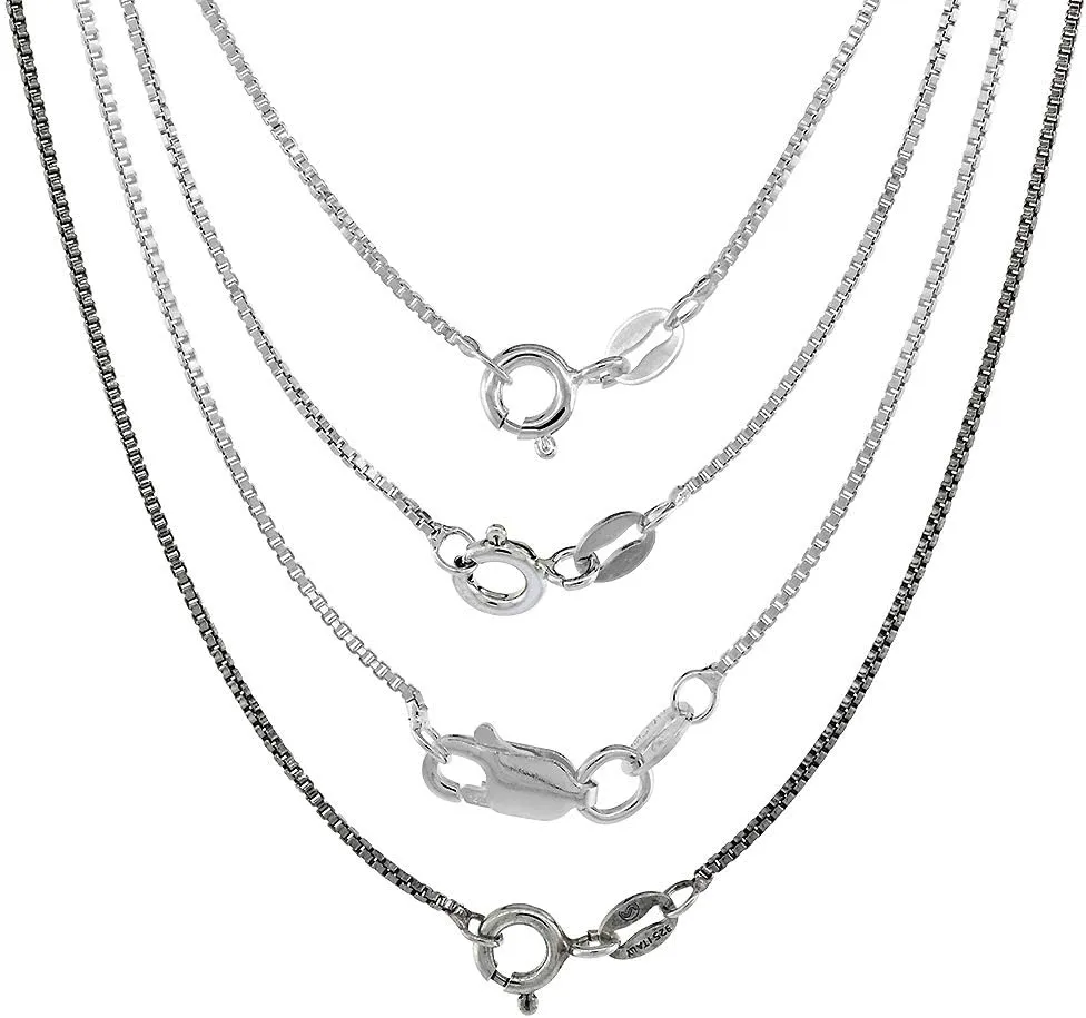 Sterling Silver 1mm Box Chain Necklace for Men and Women Assorted Finishes Nickel Free Italy 14-36 inch lengths