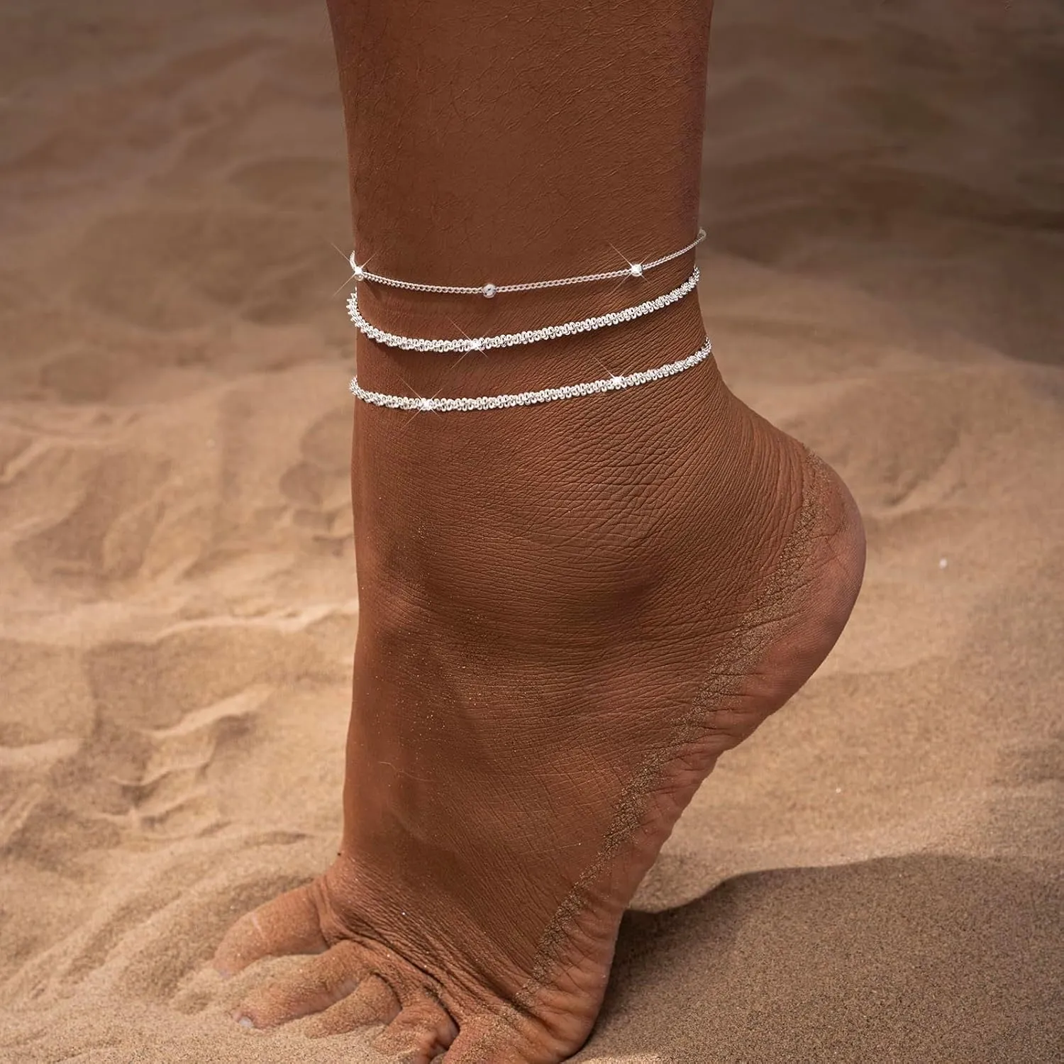 Sterling Silver Anklet Bracelets for Women Waterproof Jewelry Charm Dainty 14K Real Gold Plated and Silver Plated Layer Heart Anklets Trendy Simple Chain for Her Woman Summer Gift
