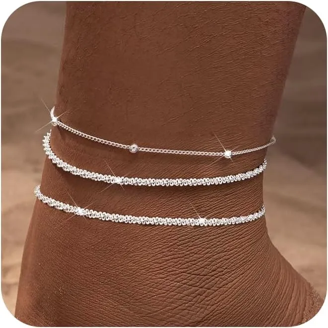 Sterling Silver Anklet Bracelets for Women Waterproof Jewelry Charm Dainty 14K Real Gold Plated and Silver Plated Layer Heart Anklets Trendy Simple Chain for Her Woman Summer Gift