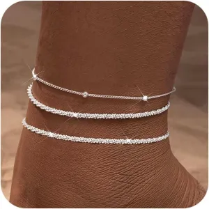 Sterling Silver Anklet Bracelets for Women Waterproof Jewelry Charm Dainty 14K Real Gold Plated and Silver Plated Layer Heart Anklets Trendy Simple Chain for Her Woman Summer Gift