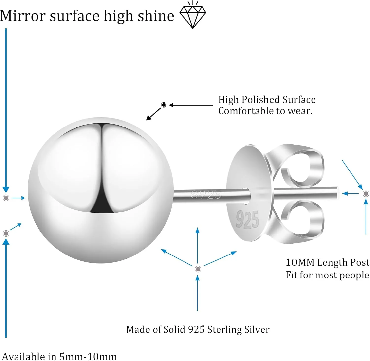 Sterling Silver Ball Earrings for Women, Classic Hypoallergenic Silver Stud Earrings, 5mm-10mm Silver Ball Ear Studs  Ideal for Everyday Wear at Any Occasions