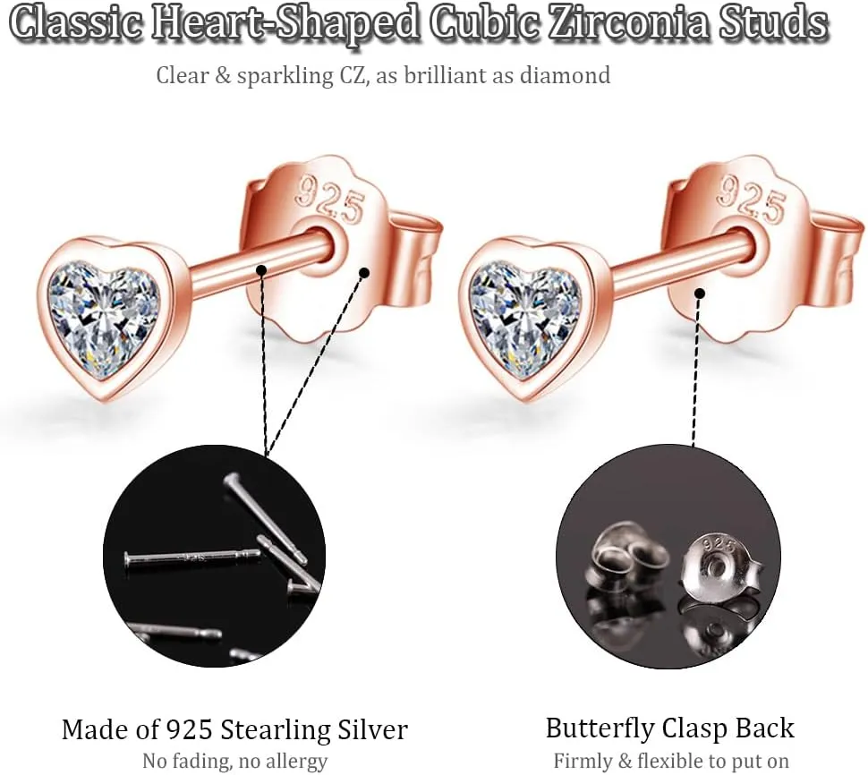 Sterling Silver Small Stud Earrings for Women Men, 3 Pairs of Tiny Heart Shaped Cubic Zirconia Earrings White Gold Plated CZ Cartilage Tragus Earrings(2mm/3mm/4mm)