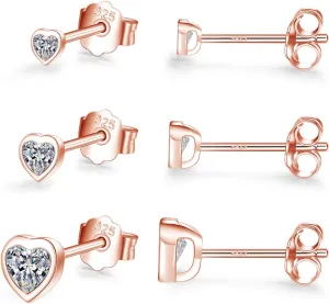Sterling Silver Small Stud Earrings for Women Men, 3 Pairs of Tiny Heart Shaped Cubic Zirconia Earrings White Gold Plated CZ Cartilage Tragus Earrings(2mm/3mm/4mm)