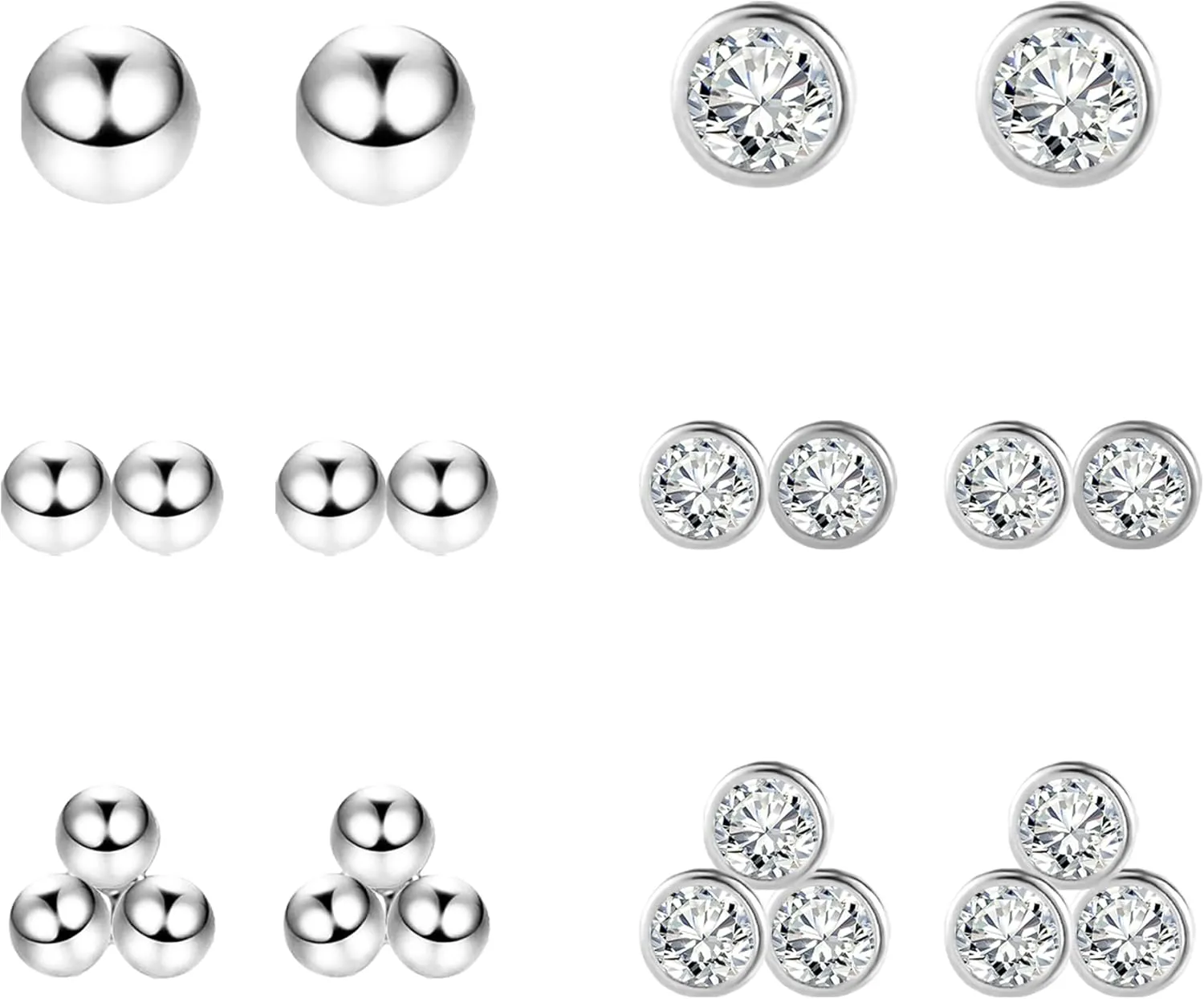 Sterling Silver Stud Earrings Set for Women Hypoallergenic Small Gold Round Cubic Zirconia and Ball Tiny Dot Stud Earrings Multiple Pack (6 Pairs)