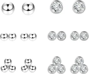Sterling Silver Stud Earrings Set for Women Hypoallergenic Small Gold Round Cubic Zirconia and Ball Tiny Dot Stud Earrings Multiple Pack (6 Pairs)