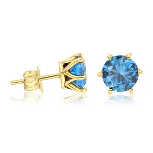 Stud Earrings with Blue CZ Gemstone in 14k Yellow Gold Plated - December Birthstone Round 7mm Natural Cubic Zirconia Stone Studs, Handmade Earrings, Simple Dainty Jewelry Birthday Gift for Women