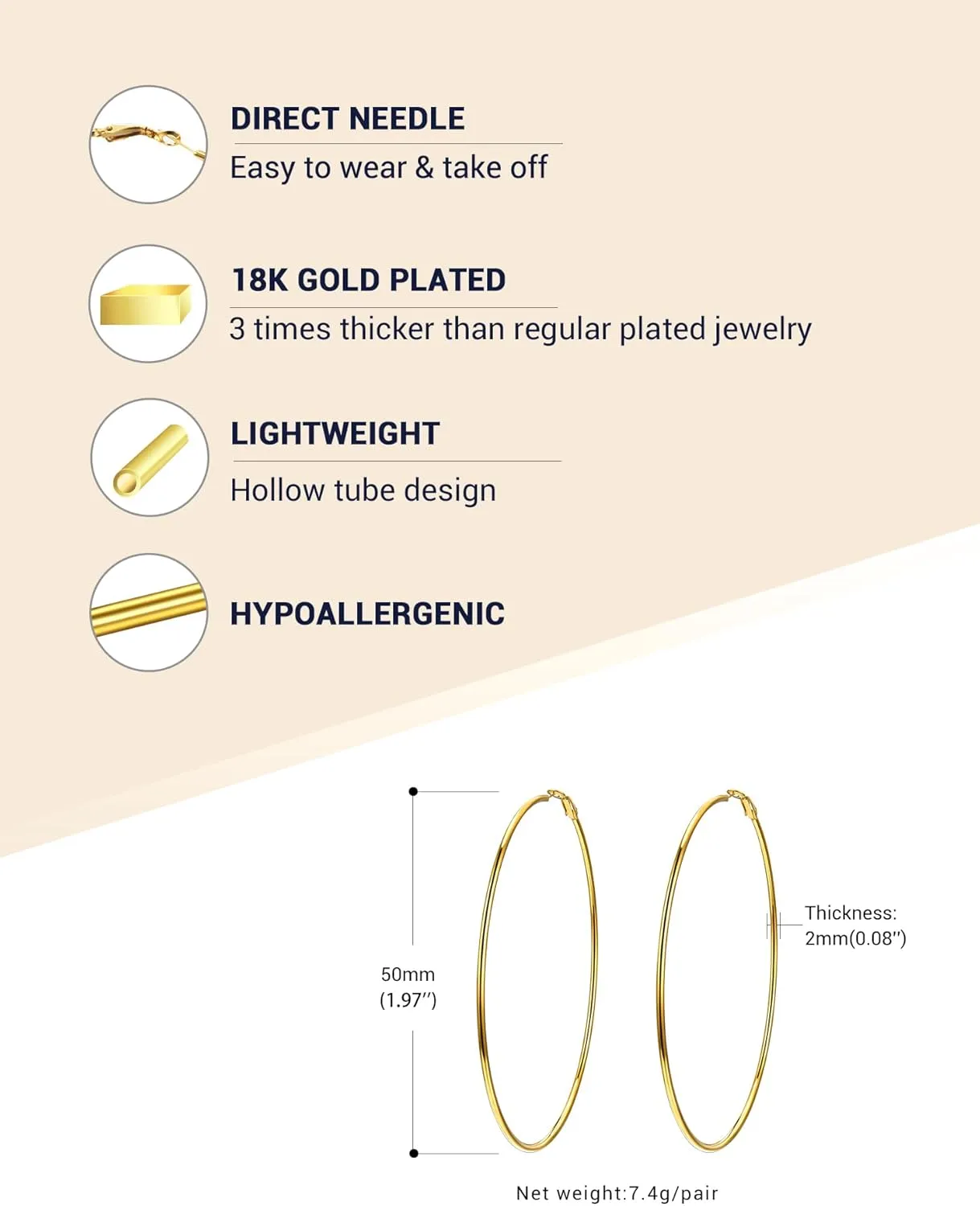 Stylish Hoop Earrings for Women, Black/18K Gold Plated Stainless Steel Hoop Earrings Hypoallergenic, 50mm/70mm/100mm, Come with Box