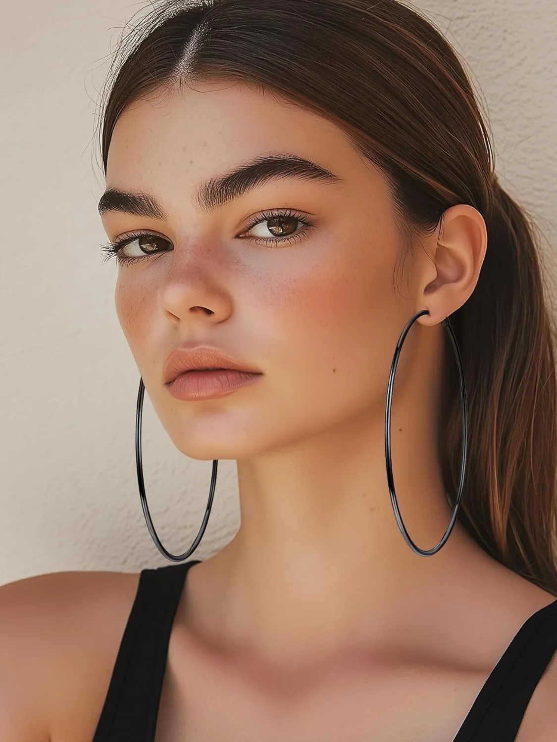 Stylish Hoop Earrings for Women, Black/18K Gold Plated Stainless Steel Hoop Earrings Hypoallergenic, 50mm/70mm/100mm, Come with Box