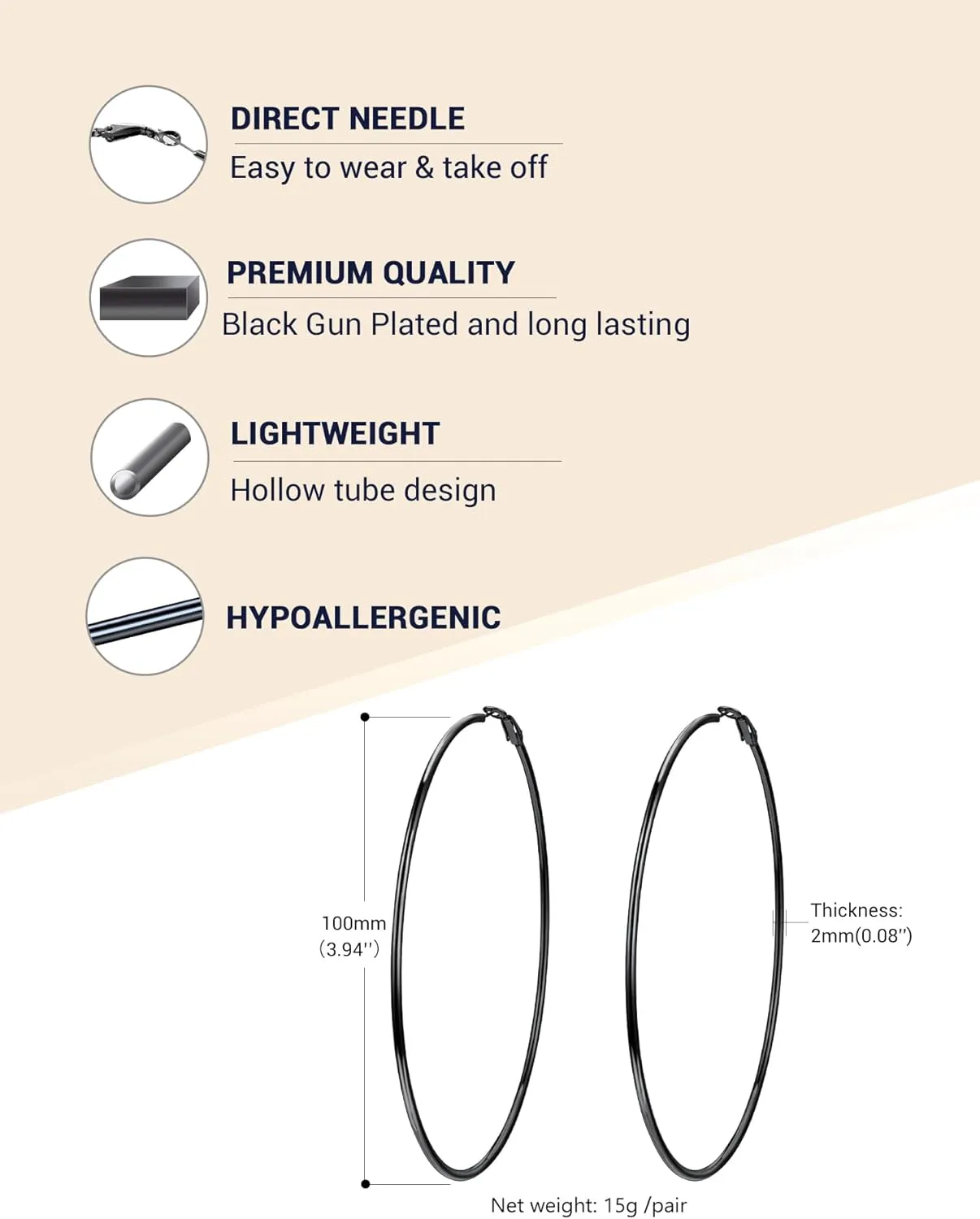 Stylish Hoop Earrings for Women, Black/18K Gold Plated Stainless Steel Hoop Earrings Hypoallergenic, 50mm/70mm/100mm, Come with Box