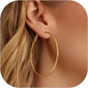 Stylish Hoop Earrings for Women, Black/18K Gold Plated Stainless Steel Hoop Earrings Hypoallergenic, 50mm/70mm/100mm, Come with Box