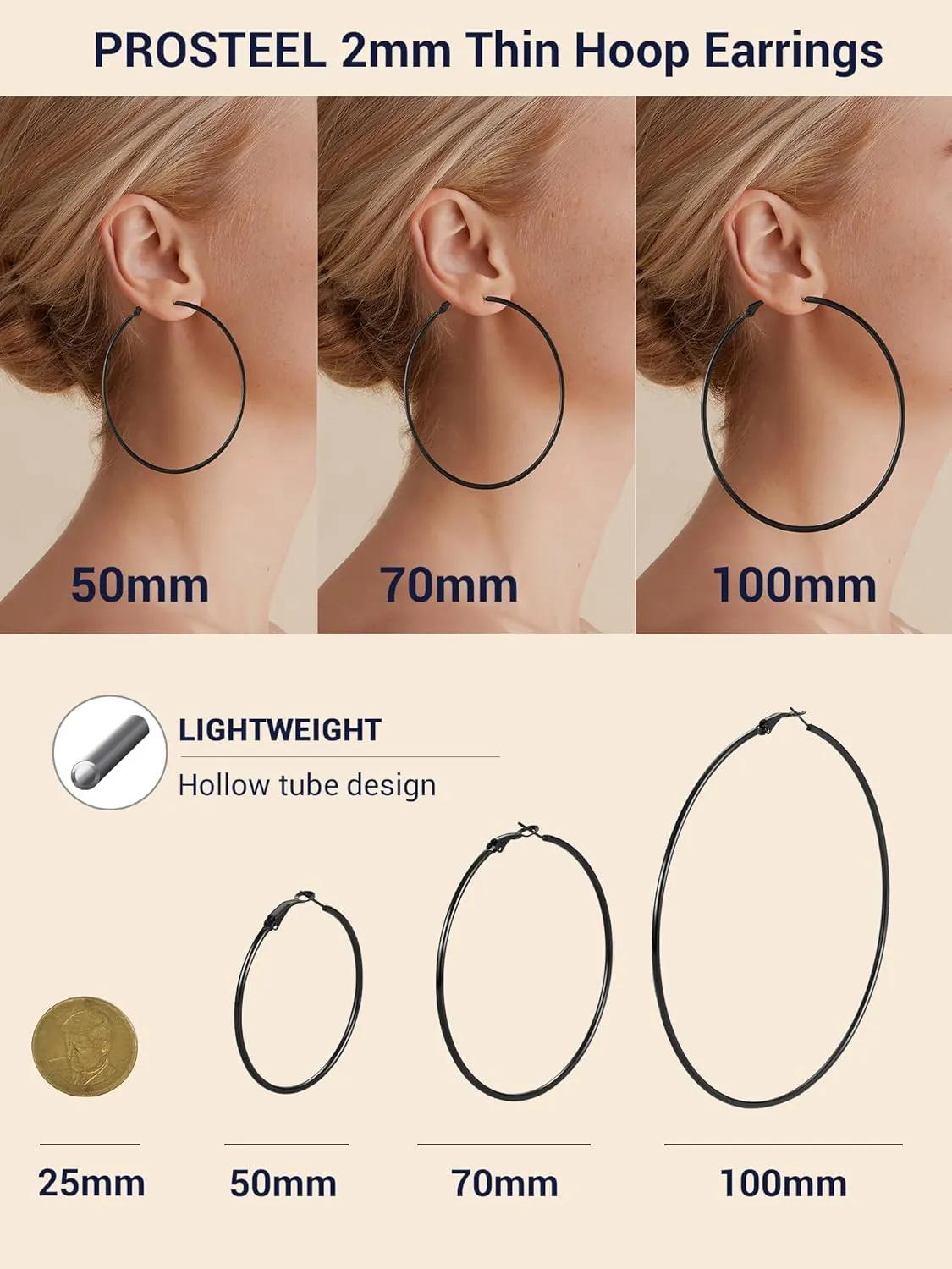 Stylish Hoop Earrings for Women, Black/18K Gold Plated Stainless Steel Hoop Earrings Hypoallergenic, 50mm/70mm/100mm, Come with Box