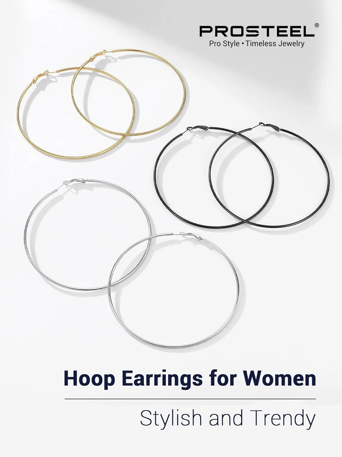 Stylish Hoop Earrings for Women, Black/18K Gold Plated Stainless Steel Hoop Earrings Hypoallergenic, 50mm/70mm/100mm, Come with Box