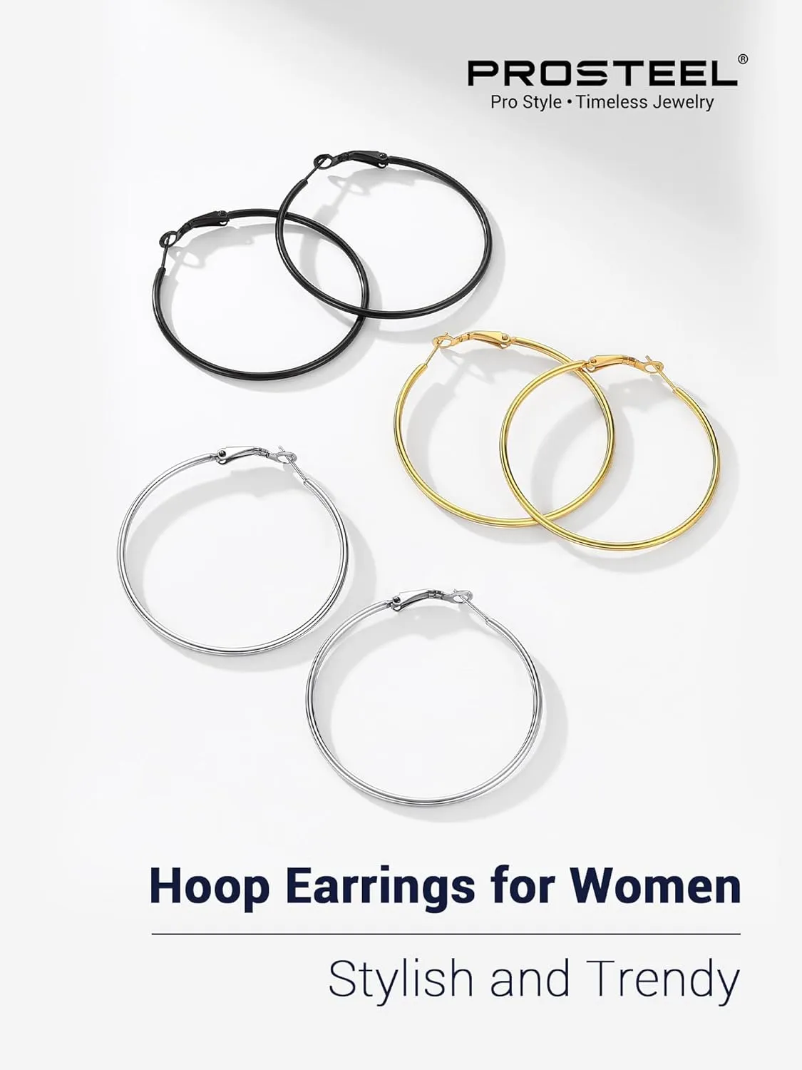 Stylish Hoop Earrings for Women, Black/18K Gold Plated Stainless Steel Hoop Earrings Hypoallergenic, 50mm/70mm/100mm, Come with Box