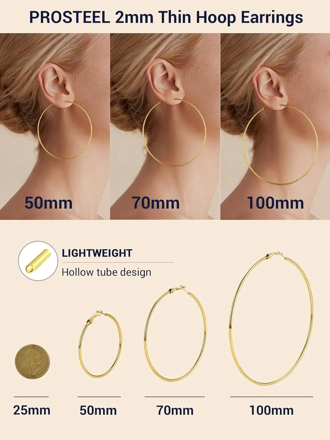 Stylish Hoop Earrings for Women, Black/18K Gold Plated Stainless Steel Hoop Earrings Hypoallergenic, 50mm/70mm/100mm, Come with Box