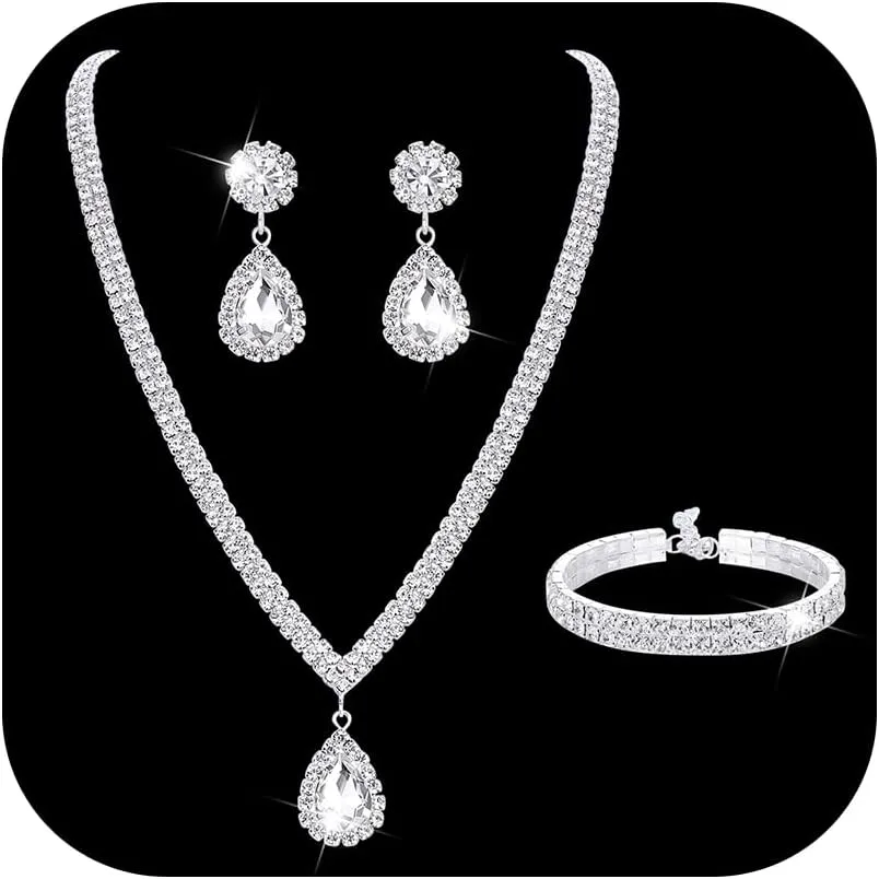 Subiceto Bridal Jewelry Set For Wedding Simple Necklace Teardrop Dangle Earrings Bracelets Crystal Prom Bridal Bridesmaid Tennis Jewelry Set