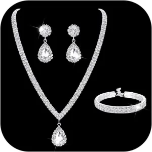 Subiceto Bridal Jewelry Set For Wedding Simple Necklace Teardrop Dangle Earrings Bracelets Crystal Prom Bridal Bridesmaid Tennis Jewelry Set