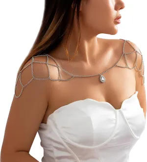 Summer Beach Rhinestone Pendant Shoulder Chain Multi Layered Tassel Back Chain Bikini Crystal Shoulder Body Chain Statement Bridal Wedding Backdrop Necklace Body Jewelry for Women(Tassel)