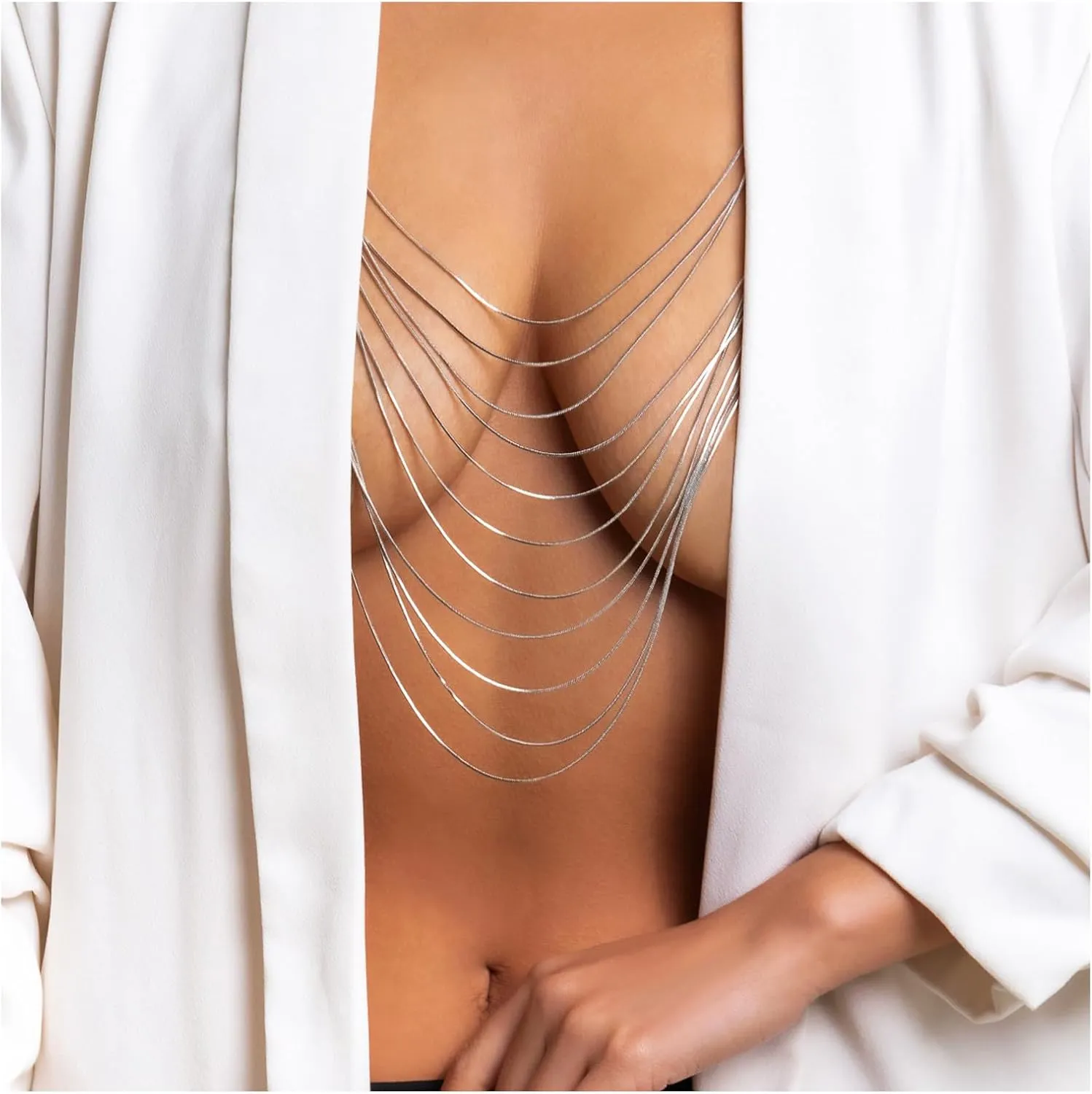 Summer Multi-Layer Metal Harness Tassel Shoulder & Bikini Beach Bra Bridal Wedding Necklace for Women