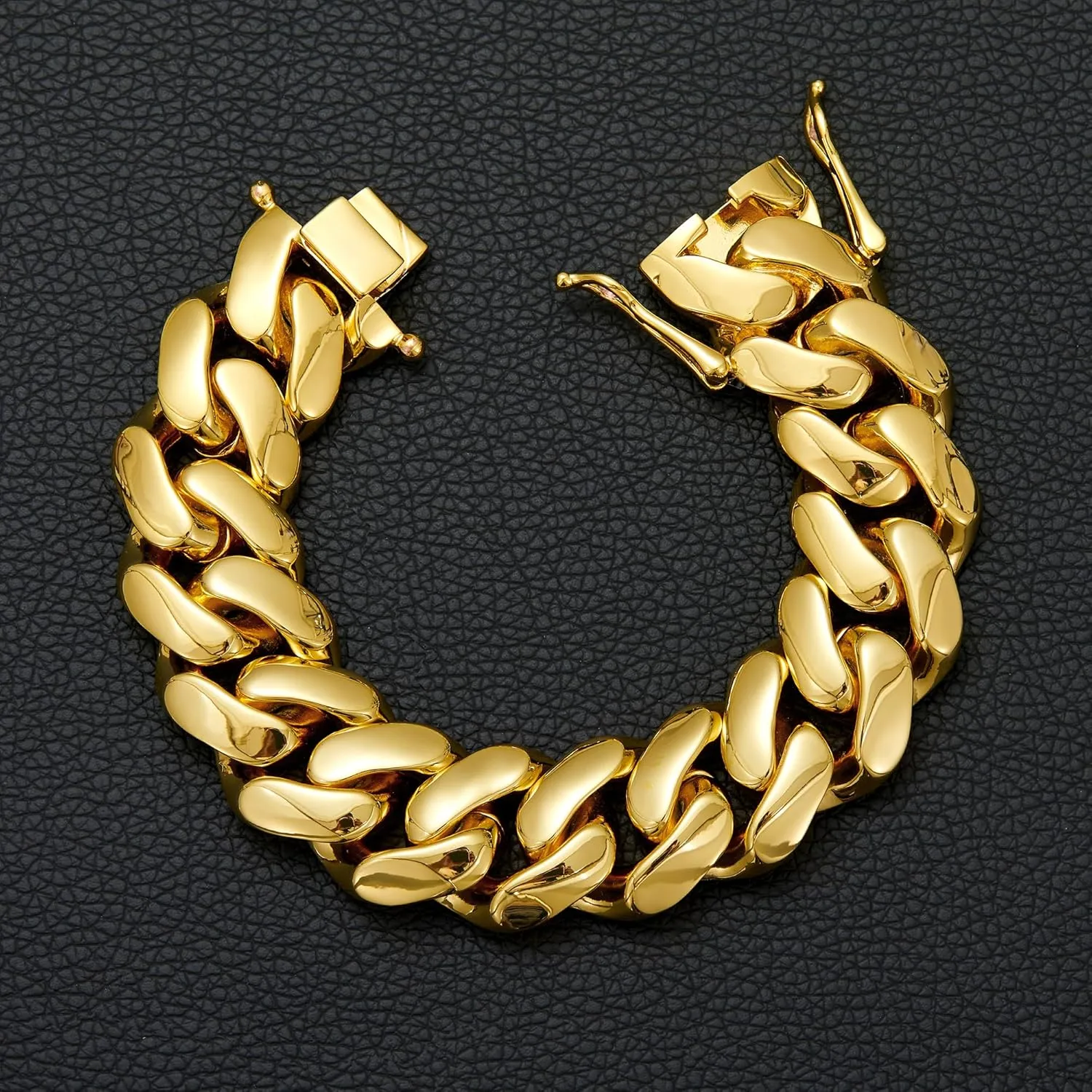 SUNEW Heavy Cuban Link Chain Bracelet, 18K Gold Plated, Wide Curb Link Design